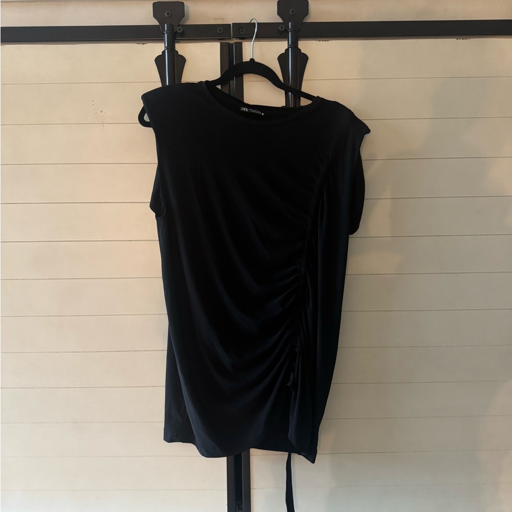 Zara Black Ruched Women's Blouse with shoulder pads